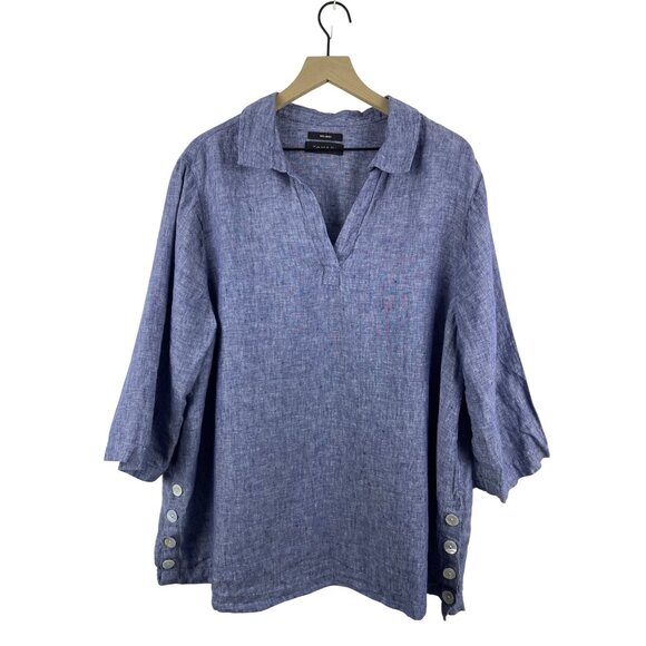 Tahari Women's 2X Plus Size 100% linen Button Detail V-Neck Lagenlook Tunic BLue - Picture 1 of 9